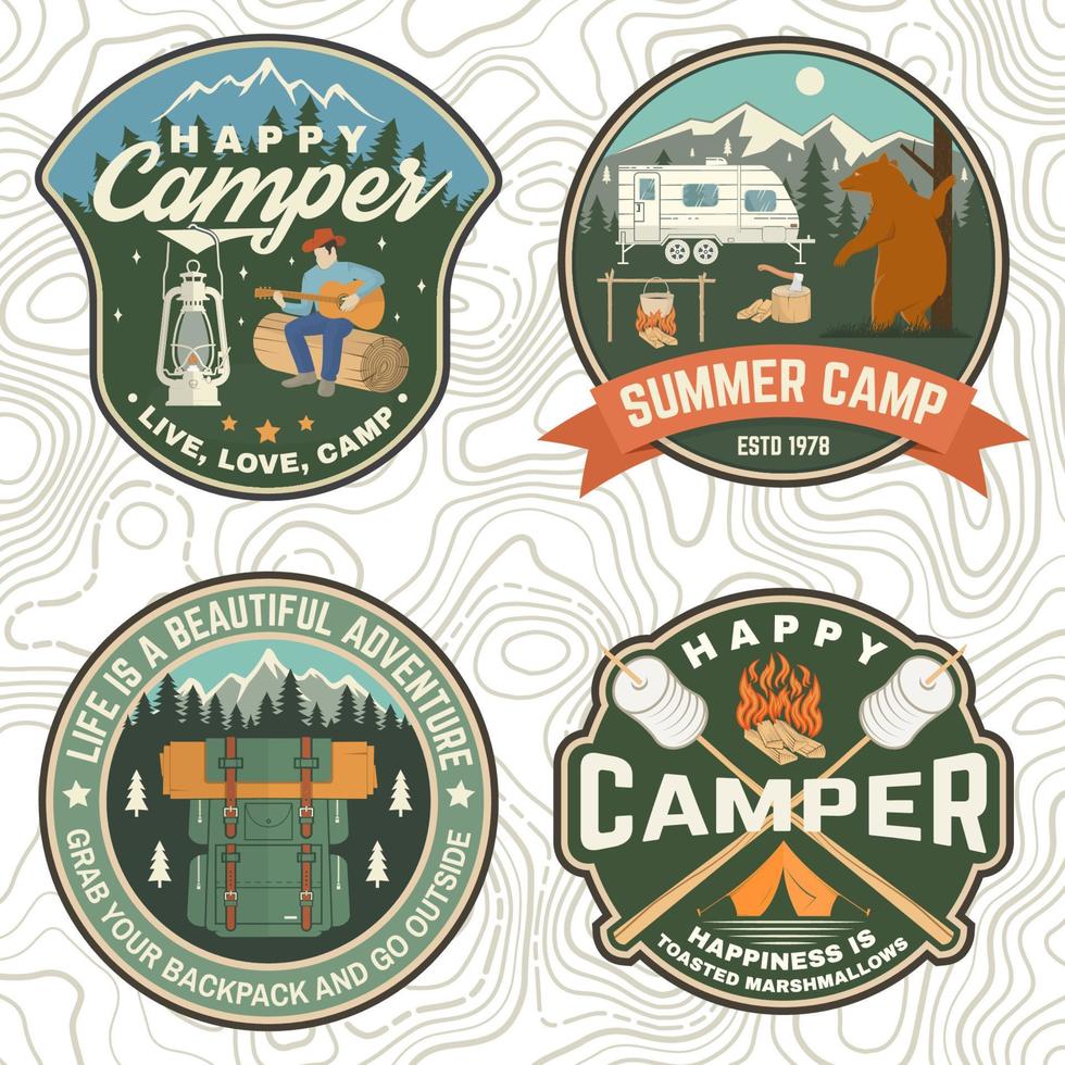 conjunto de parches de campamento de verano. vector. concepto de camisa, sello, ropa o camiseta. diseño vintage con linterna, navaja de bolsillo, tienda de campaña, hacha, montaña, fogata y silueta forestal. vector