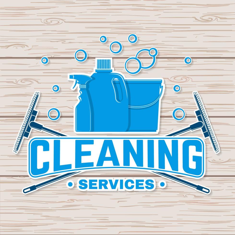 Cleaning company badge, emblem. Vector illustration. Concept for shirt, stamp or tee. Vintage typography design with cleaning equipments. Cleaning service sign for company related business