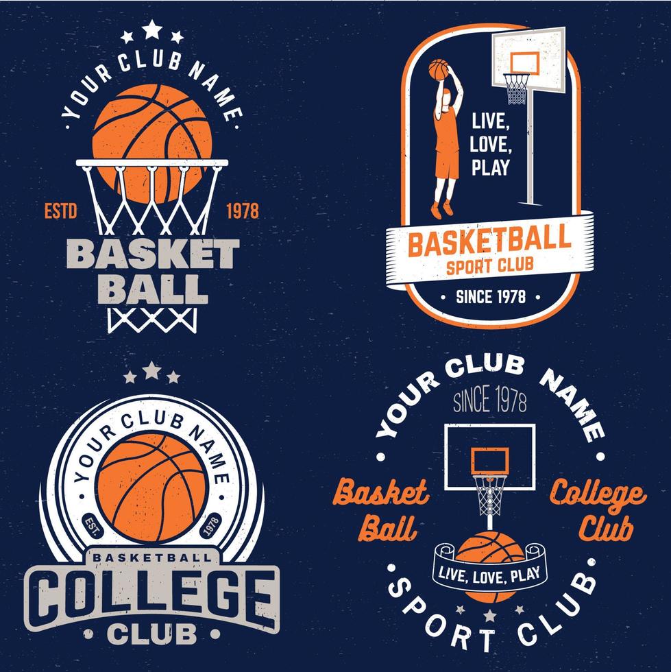 conjunto de placa del club de baloncesto. vector. diseño gráfico para camisetas, camisetas, estampados o prendas de vestir. diseño tipográfico vintage con aro de baloncesto y silueta de pelota. vector