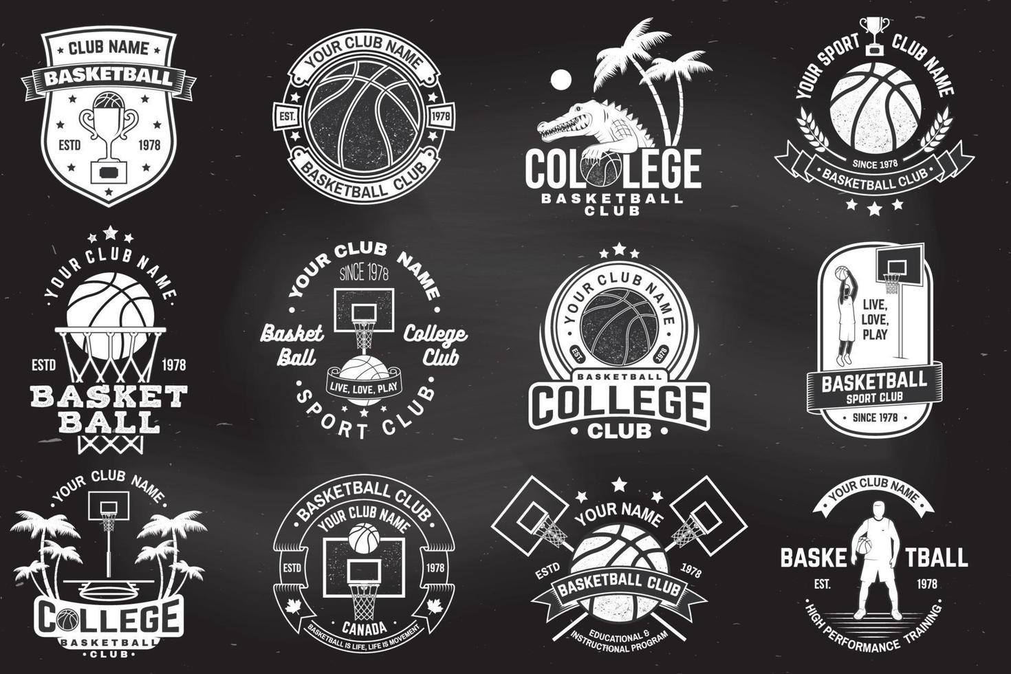 Set of basketball college club badge on the chalkboard. Vector. Concept for shirt, print, stamp or tee. Vintage typography design with crocodile and basketball ball silhouette. vector