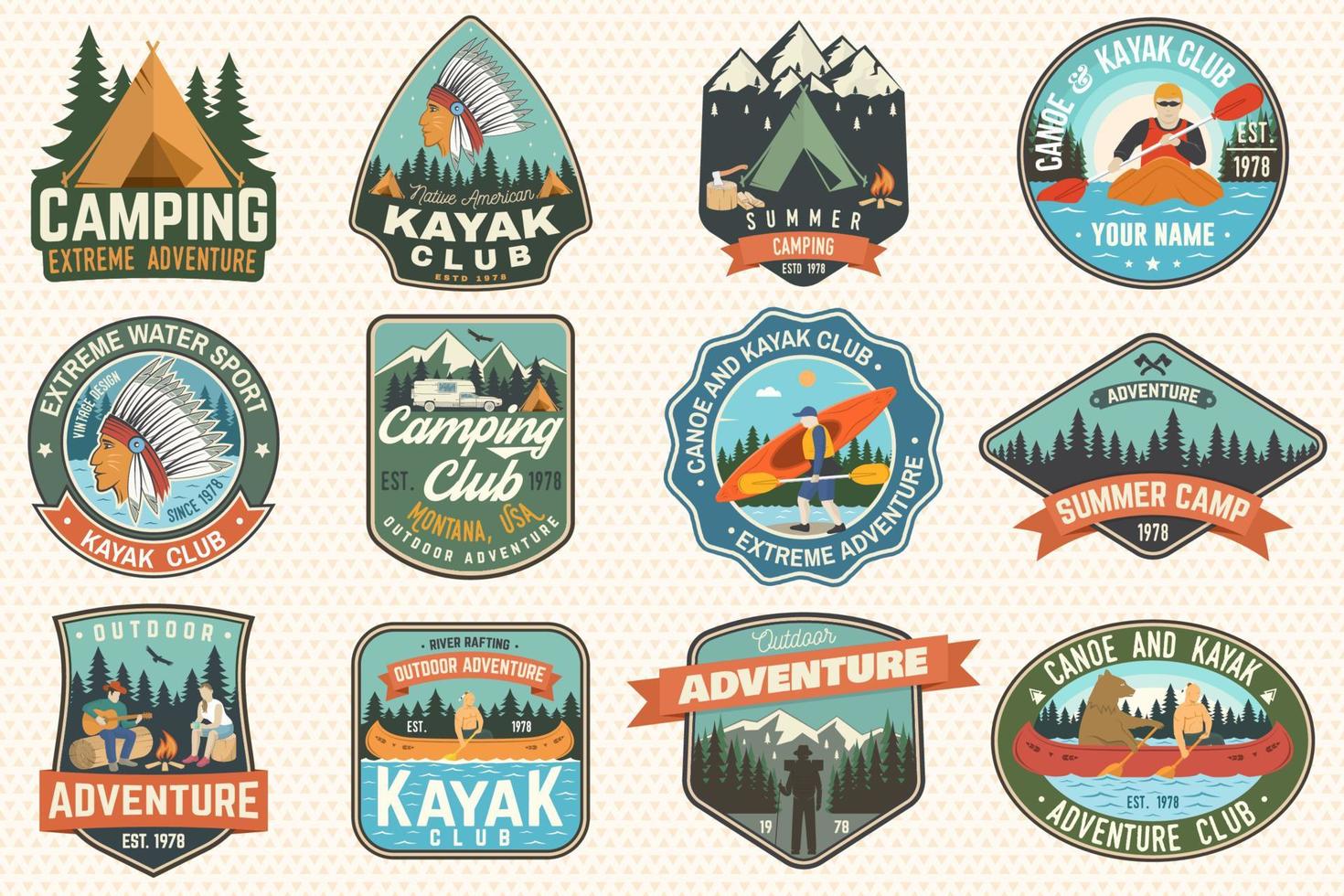 conjunto de insignias de club de campamento de verano, canoa y kayak. vector. concepto de parche. diseño retro con silueta de camping, montaña, río, indio americano y kayakista. parches de kayak para deportes acuáticos extremos vector