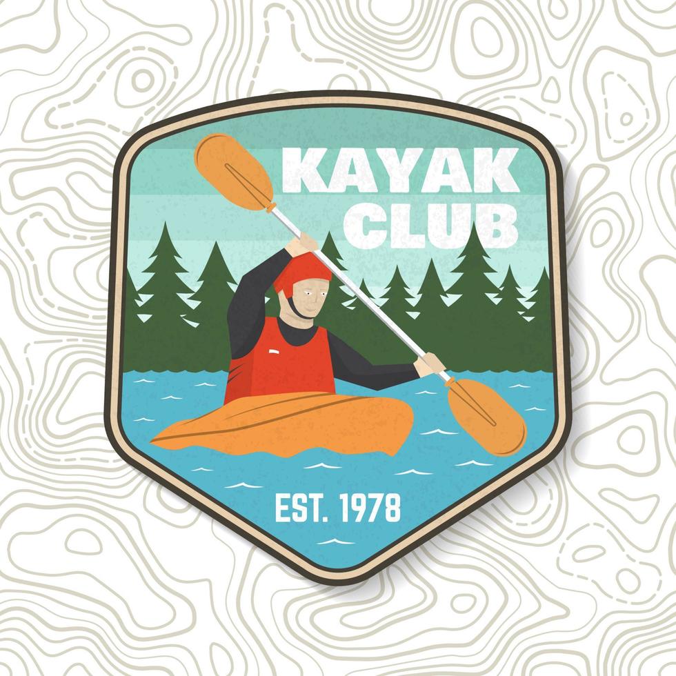 Kayak club patch. Vector illustration. Concept for shirt, stamp or tee. Vintage typography design with kayaker silhouette. Extreme water sport. Outdoor adventure emblems, kayak patches.