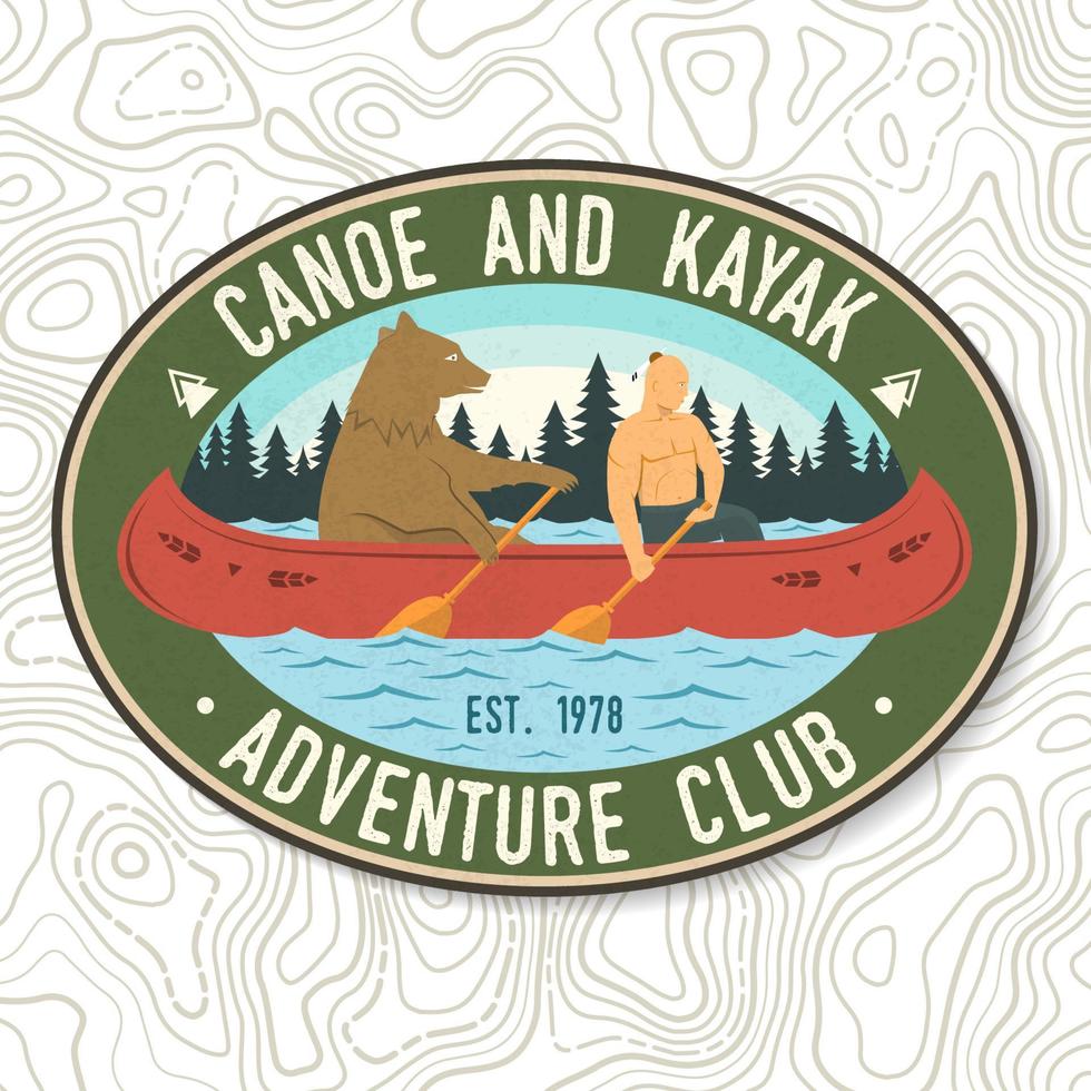 Canoe and Kayak club. Vector. Concept for shirt, stamp or tee. Vintage typography design with kayaker and bear silhouette. Extreme water sport. Outdoor adventure emblems, kayak patches. vector