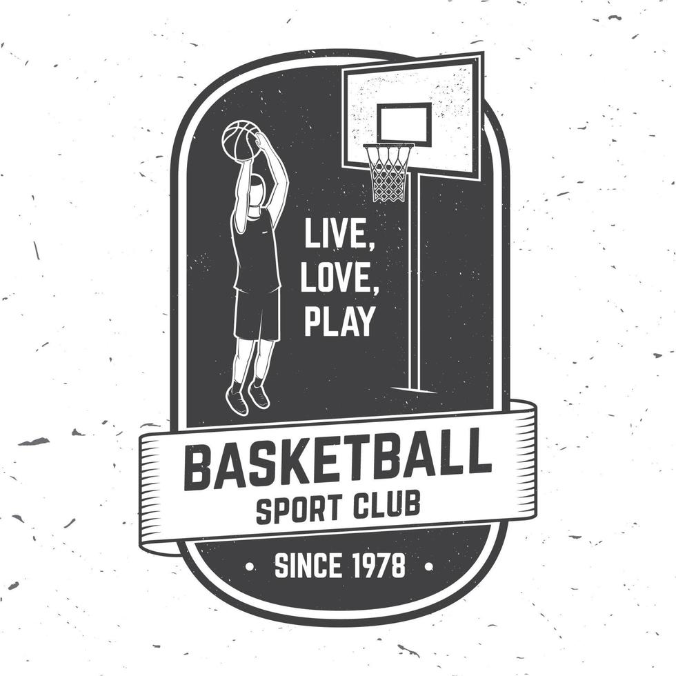 insignia del club de baloncesto. ilustración vectorial concepto para camisa, estampado o camiseta. diseño de tipografía vintage con jugador de baloncesto y silueta de pelota de baloncesto vector