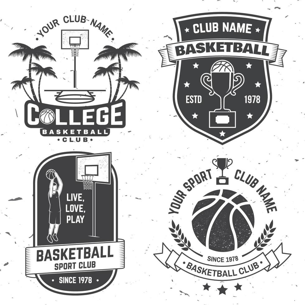 conjunto de placa del club de baloncesto. vector. concepto para camisa, estampado, sello o camiseta. diseño de tipografía vintage con silueta de jugador de baloncesto, aro y pelota. vector