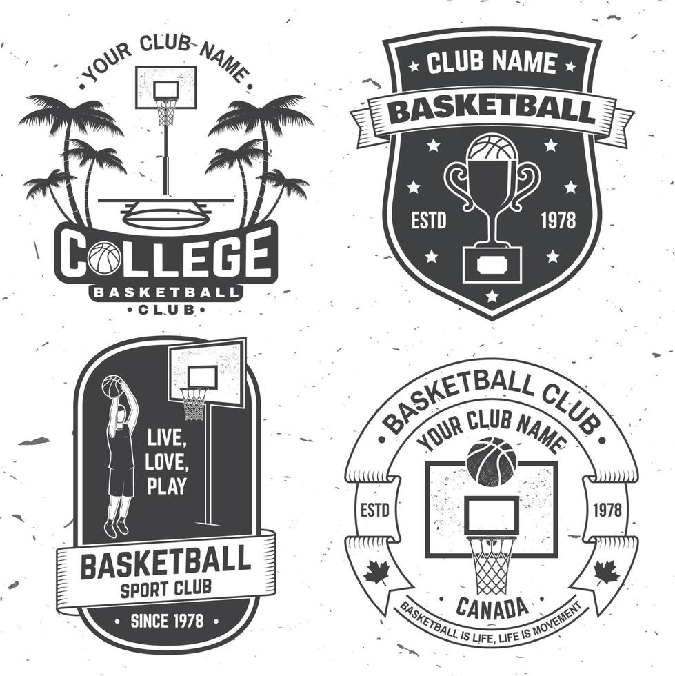 conjunto de placa del club de baloncesto. vector. concepto para camisa, estampado, sello o camiseta. diseño de tipografía vintage con silueta de jugador de baloncesto, aro y pelota. vector