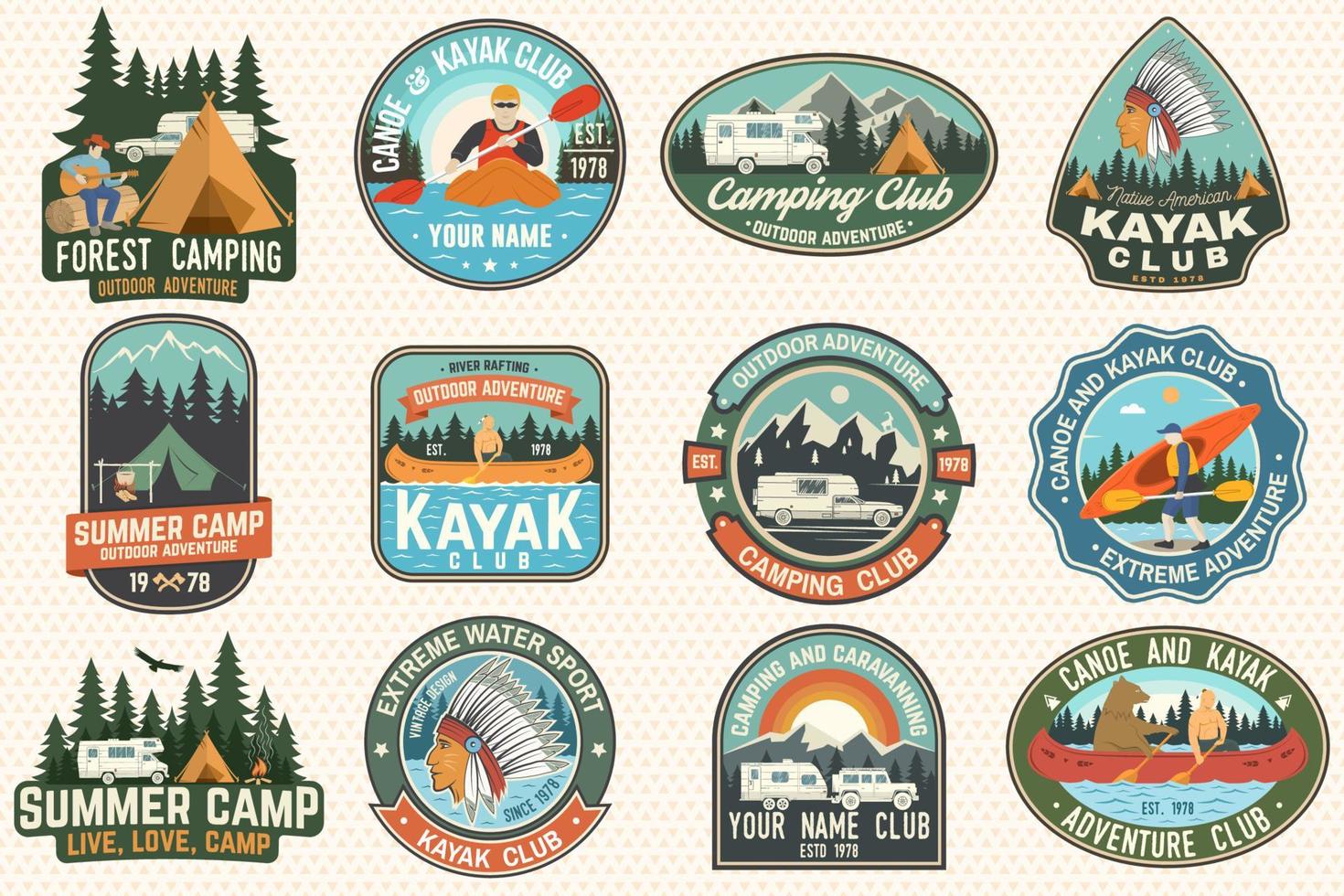 conjunto de insignias de club de campamento de verano, canoa y kayak. vector. para parche diseño con silueta de camping, montaña, río, indio americano y kayakista. parches de kayak para campamentos extremos y deportes acuáticos vector