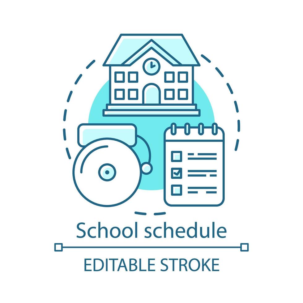 School schedule, studying plan concept icon. Educational process organization idea thin line illustration. Schoolhouse, bell and notepad with notes vector isolated outline drawing. Editable stroke