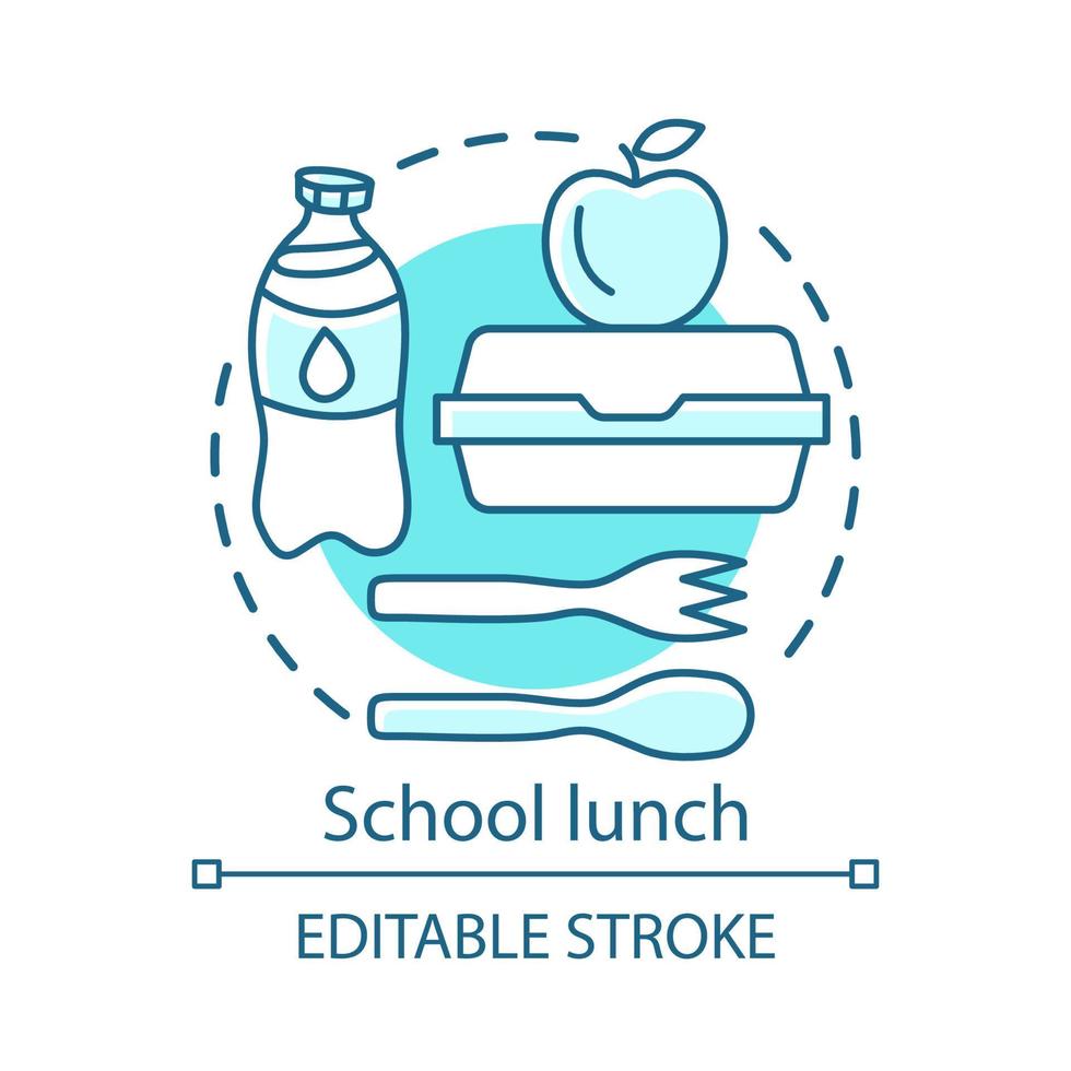 School lunch, canteen concept icon. Student nutrition advertising idea thin line illustration. Milk bottle, food container, apple, and plastic cutlery vector isolated outline drawing. Editable stroke