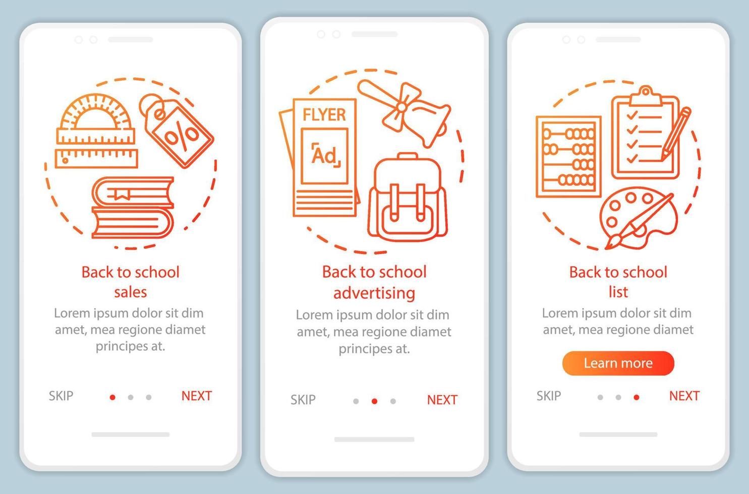 Return to studies onboarding mobile app page screen vector template. Back to school walkthrough website steps with linear illustrations. UX, UI, GUI smartphone interface concept. Education advertising