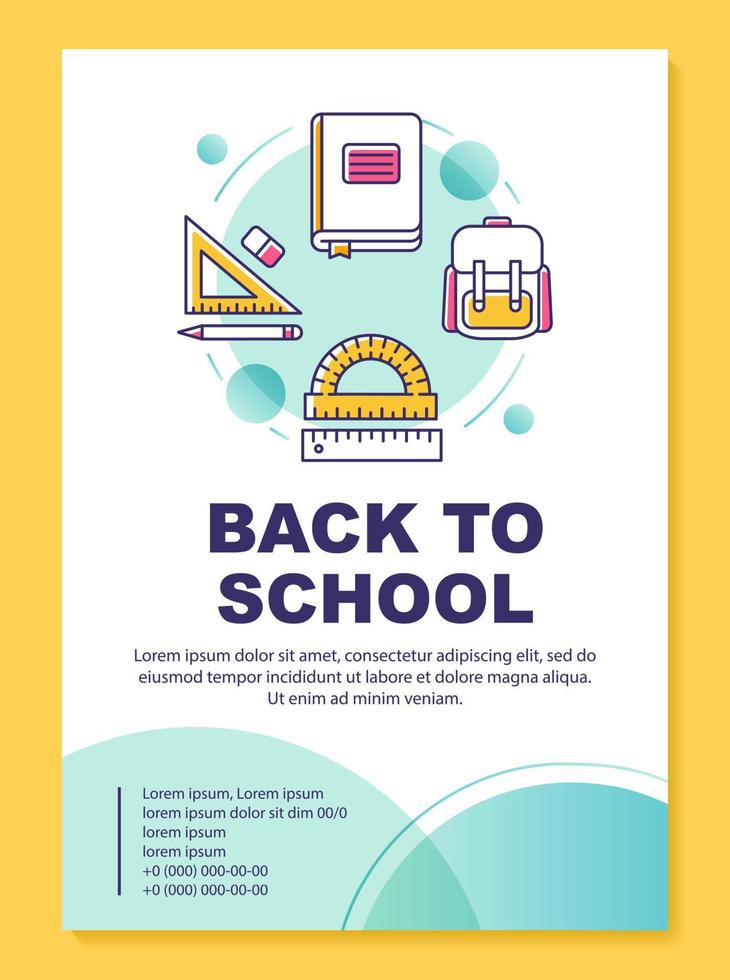 Pupils accessories brochure template layout. Back to school. Flyer, booklet, leaflet print design with linear illustrations. Vector page layouts for magazines, annual reports, advertising posters..