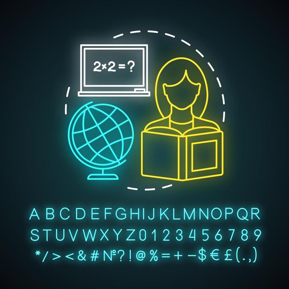 School lesson, learning process neon light concept icon. Knowledge gaining idea. Glowing sign with alphabet, numbers and symbols. Globe and student, teacher with book vector isolated illustration