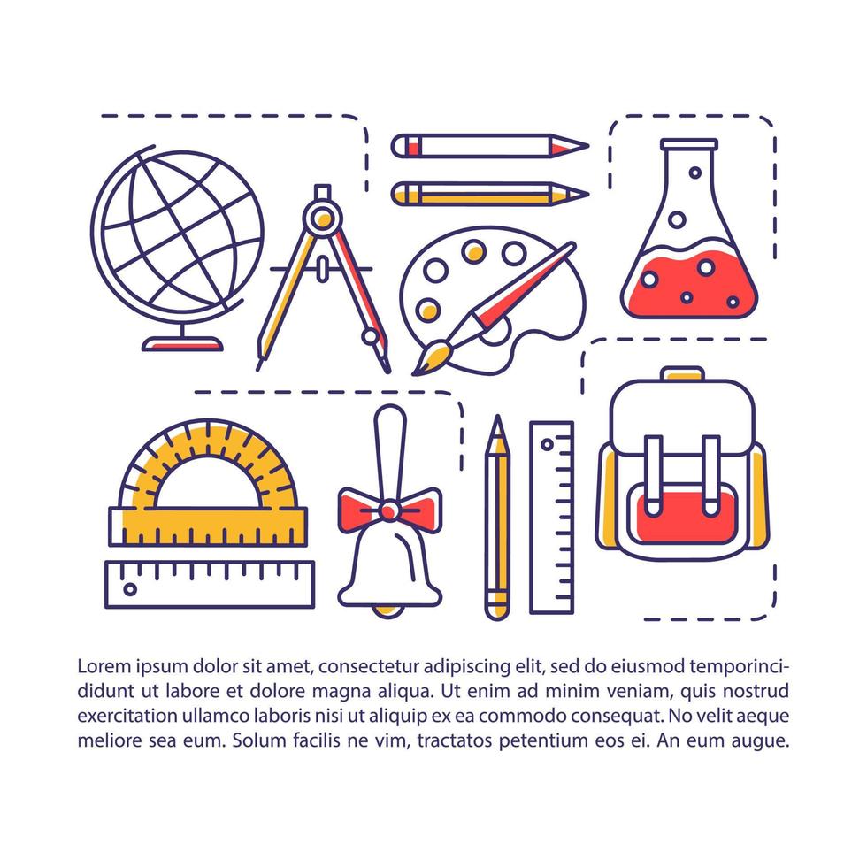 School supplies, tool article page vector template. Pupils accessories. Brochure, magazine, booklet design element with linear icons and text boxes. Print design. Concept illustrations with text space