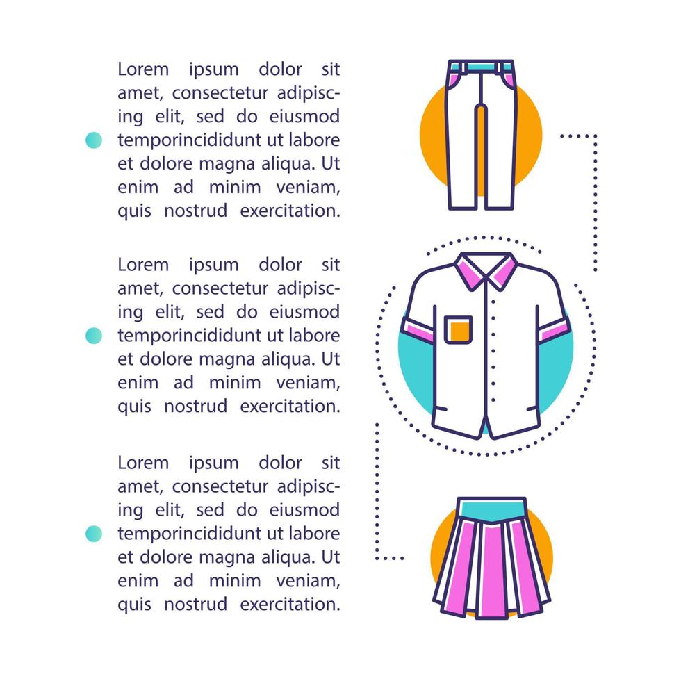 plantilla de vector de página de artículo de uniforme escolar. descripción de la ropa del alumno. folleto, revista, elemento de diseño de folleto con iconos lineales y cuadros de texto. diseño de impresión. ilustraciones conceptuales con espacio de texto