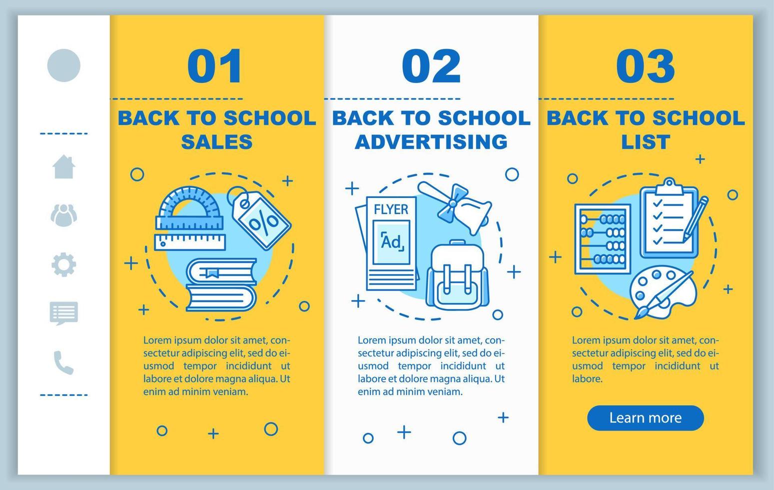 Back to school onboarding mobile web pages vector template. Responsive smartphone website interface idea with linear illustrations. Return to studying webpage walkthrough step screens. Color concept