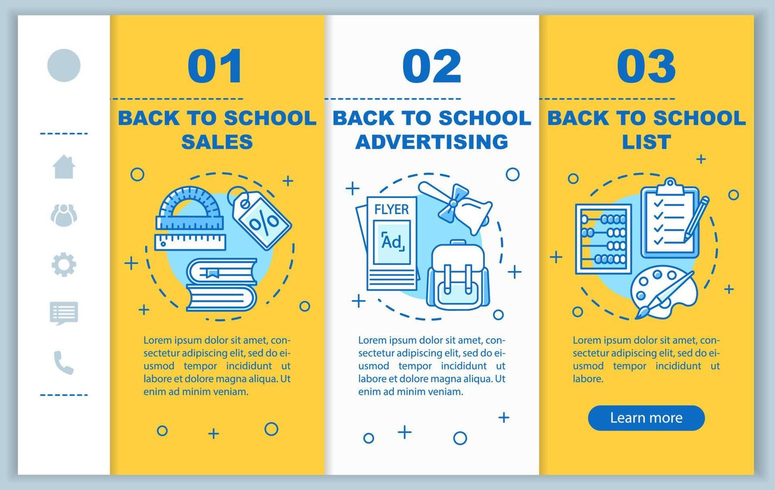 plantilla de vector de páginas web móviles de incorporación de regreso a la escuela. idea de interfaz de sitio web de teléfono inteligente sensible con ilustraciones lineales. volver a estudiar las pantallas de pasos del tutorial de la página web. concepto de color