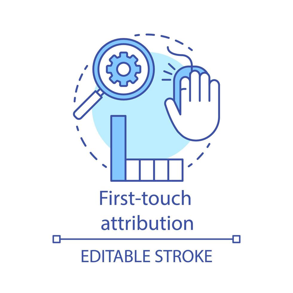 icono de concepto de atribución de primer toque. ilustración de línea delgada de idea de análisis de canal de marketing. tipo de modelo de atribución. análisis de datos web. dibujo de contorno aislado vectorial. trazo editable vector