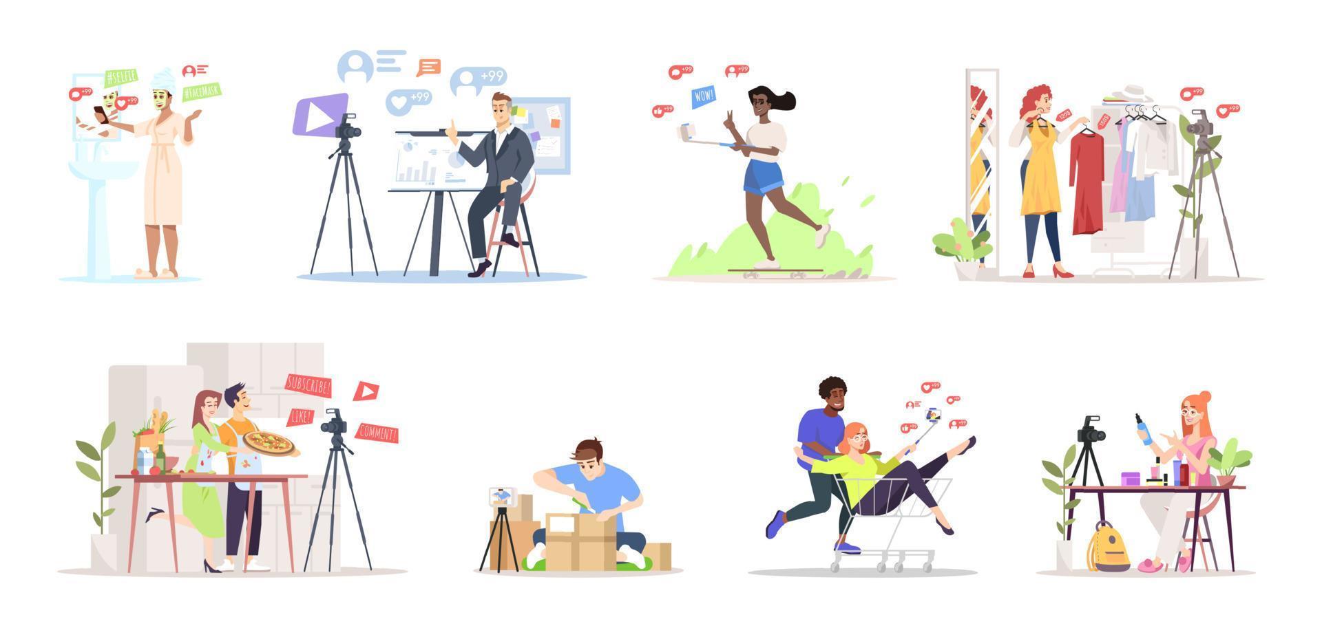 Bloggers streaming flat vector illustrations set. Influencer marketing. Streamers, vloggers cartoon characters. Fashion, online review, culinary vlogs content creators. Live video channel concept