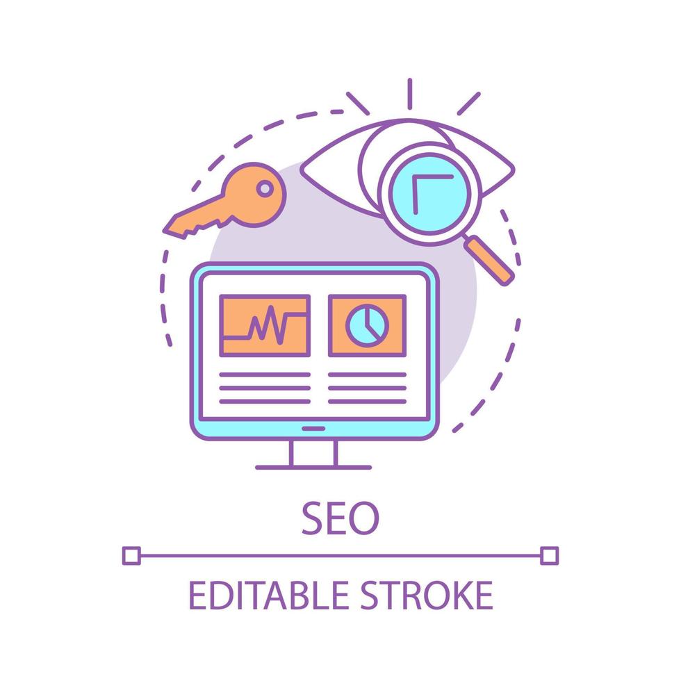 SEO concept icon. Search engine optimization idea thin line illustration. Digital marketing tactic. Website traffic increasing. Online marketing. Vector isolated outline drawing. Editable stroke