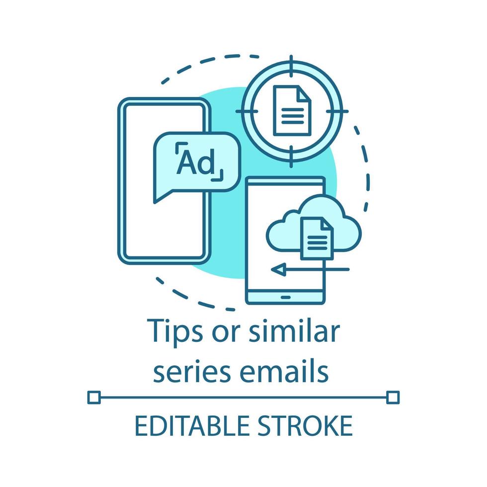 Tips or similar series emails turquoise concept icon. Email automation series idea thin line illustration. Digital marketing. Subscriber messages. Vector isolated outline drawing. Editable stroke