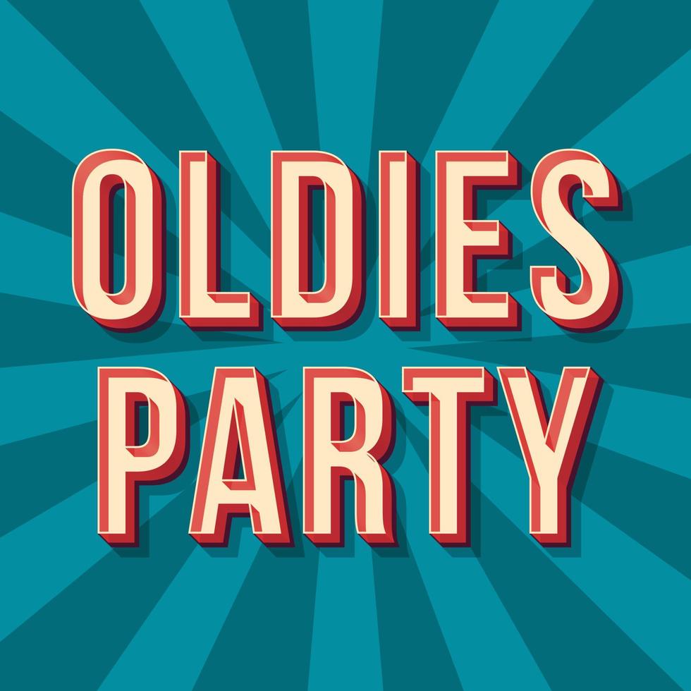 Oldies party vintage 3d vector lettering. Retro concert bold font, typeface. Pop art stylized text. Old school style letters. 90s, 80s poster, banner. Blue shades rays color background