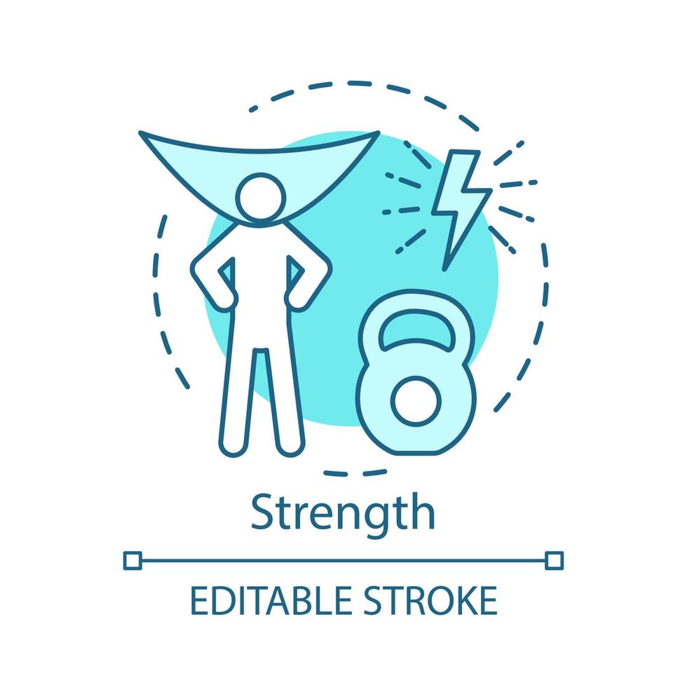 Strength turquoise concept icon. Strong man lifting weight idea thin line illustration. Vector isolated outline drawing. Strong person, sport, willpower, bodybuilding. Editable stroke