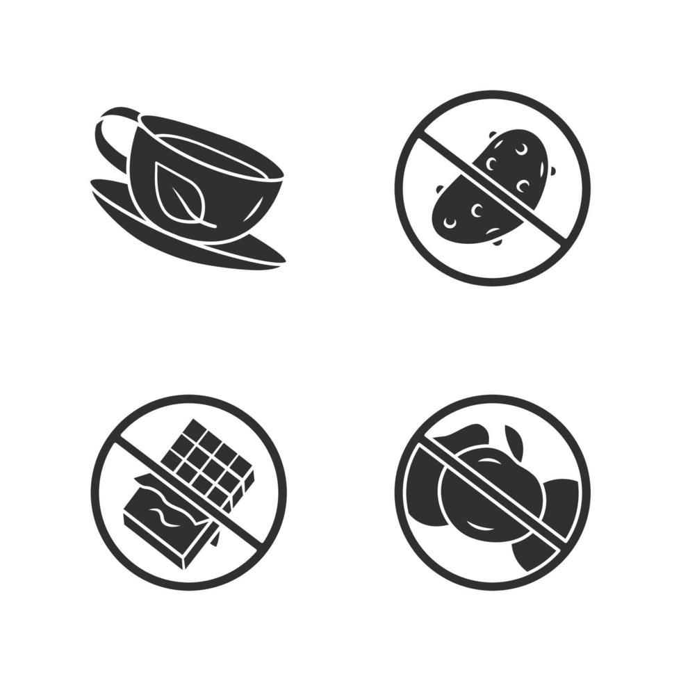 Low carbs glyph icons set. No fructose and glucose, diabetic products. Organic green tea cup, antioxidant. Silhouette symbols. Sugar free food and healthy eating vector isolated illustration