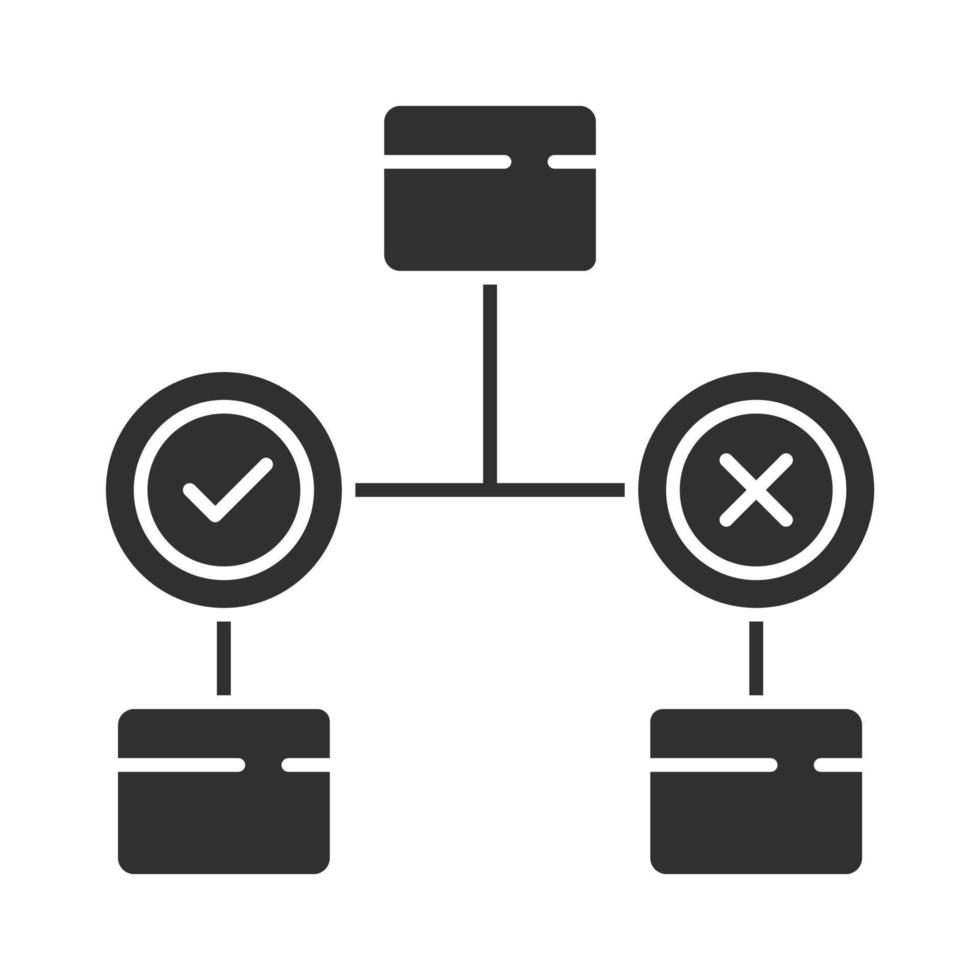 Decision diagram glyph icon. Block chart. Problem solutions. Operations research. Decision tree. Information symbolic representation. Silhouette symbol. Negative space. Vector isolated illustration