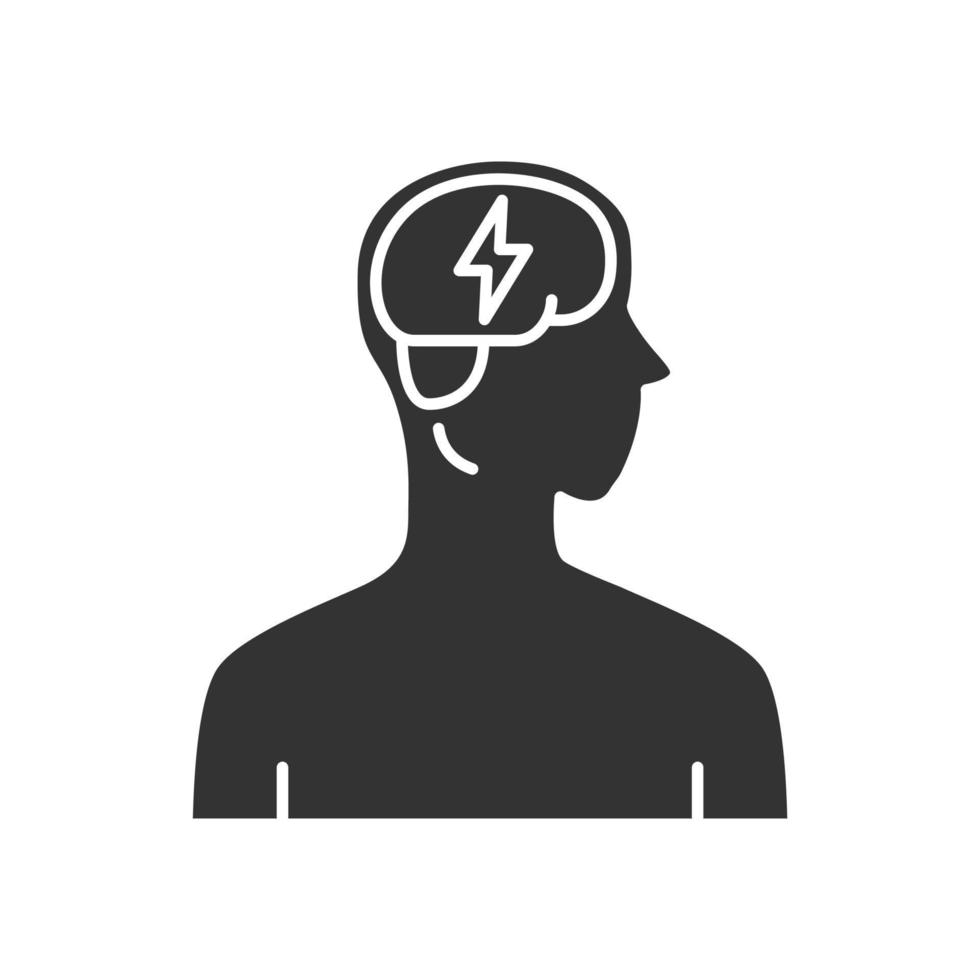 Ill brain glyph icon. Dementia, stroke. Sore human organ. Unhealthy nervous system. Sick internal body part. Mental health. Silhouette symbol. Negative space. Vector isolated illustration