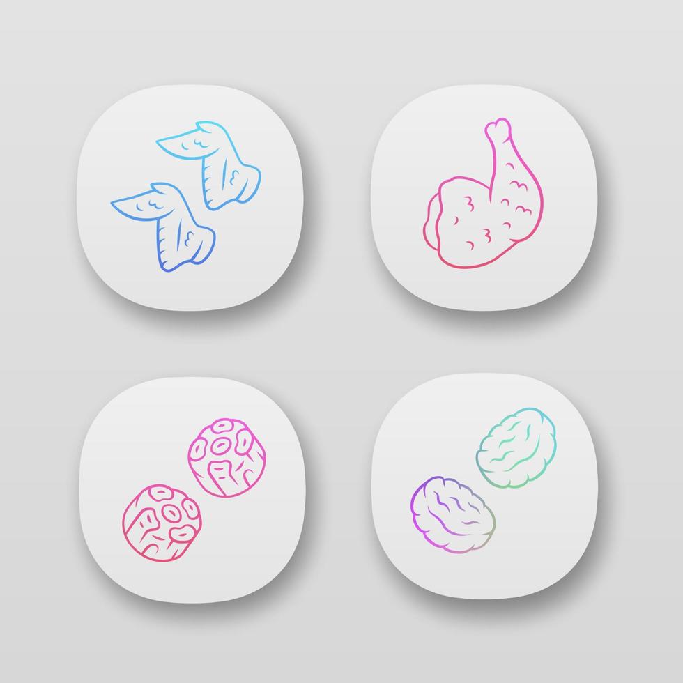 Butchers meat app icons set. Chicken wings, ham, burger patties, oxtails. Meat production and sale. Protein sources. UI UX user interface. Web or mobile applications. Vector isolated illustrations