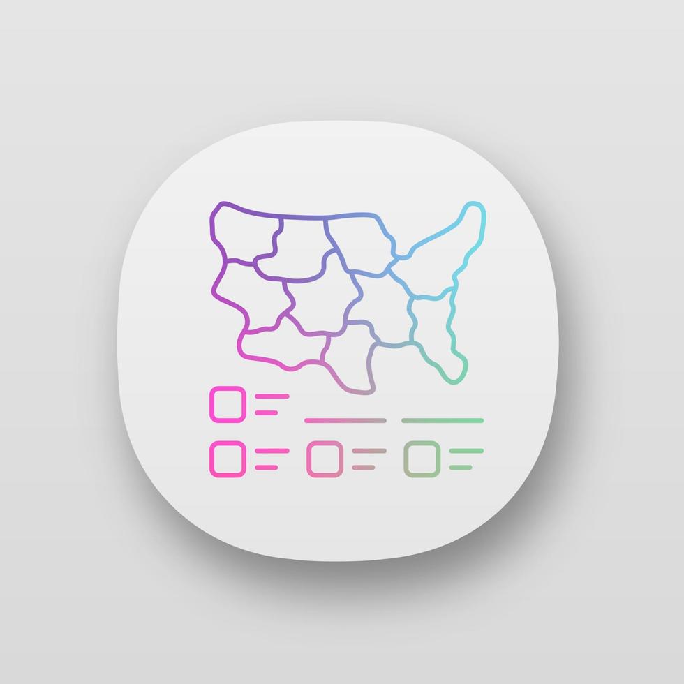 Cartogram app icon. Diagram. USA map with statistics. Data visualization. Geographical differences graphic report. UI UX user interface. Web or mobile applications. Vector isolated illustrations