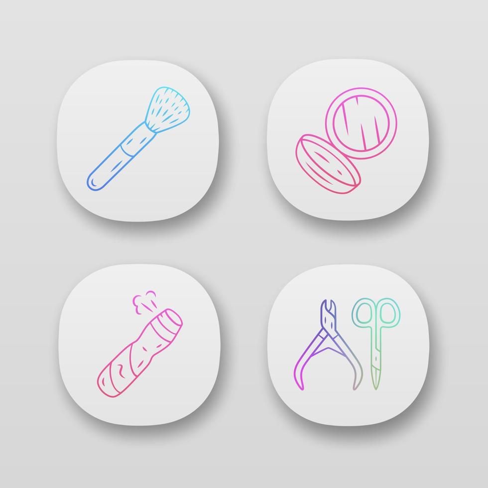 Skin care attributes app icons set. UI UX user interface. Makeup accessories, feminine hygiene. Web or mobile applications. Vector isolated illustrations. Scissors, cosmetic brush, mirror, body spray