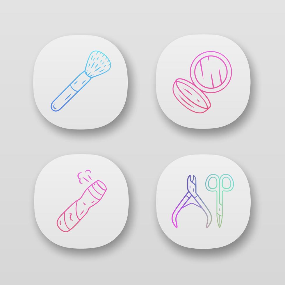 Conjunto de iconos de aplicaciones de atributos de cuidado de la piel. interfaz de usuario ui ux. accesorios de maquillaje, higiene femenina. aplicaciones web o móviles. ilustraciones vectoriales aisladas. tijeras, cepillo cosmético, espejo, spray corporal vector