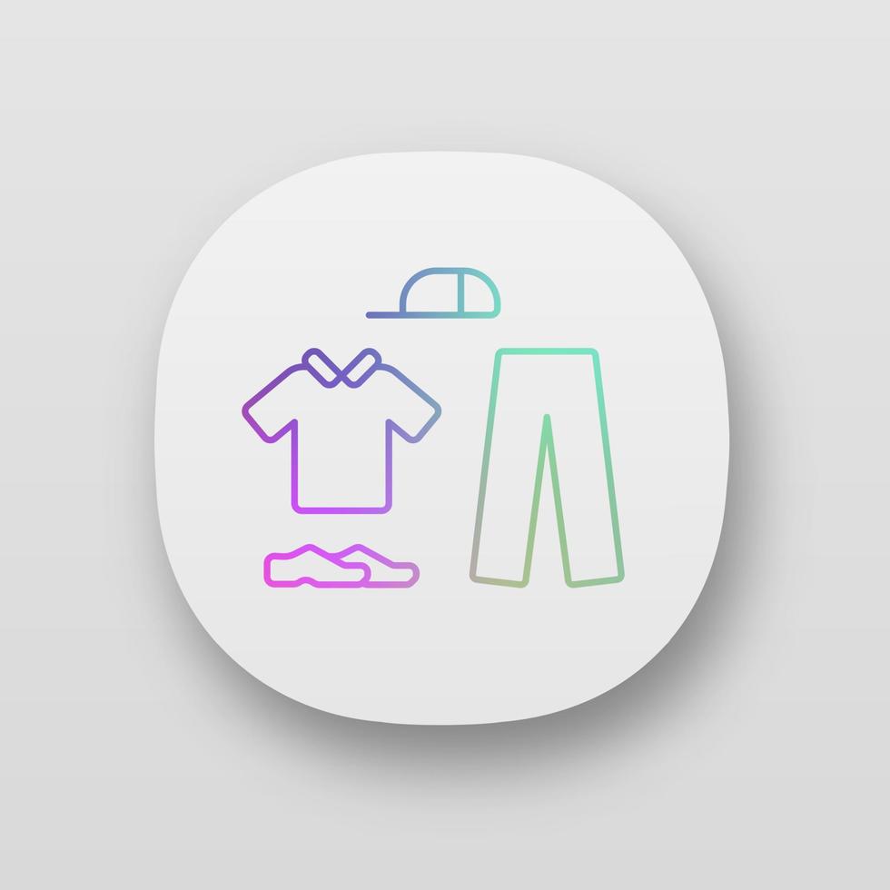 icono de la aplicación de uniforme de cricket. blancos de grillo. franelas deportivas. ropa de deporte. camisa con cuello, pantalón largo, gorra, zapatos. interfaz de usuario ui ux. aplicaciones web o móviles. Ilustraciones de vectores aislados