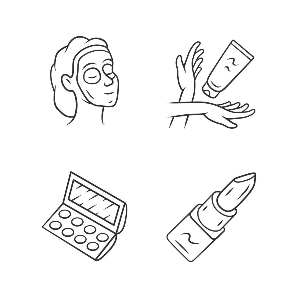 Feminine hygiene, makeup linear icons set. Skin care attributes, cosmetic accessories thin line contour symbols. Beauty salon products isolated vector outline illustrations. Editable stroke