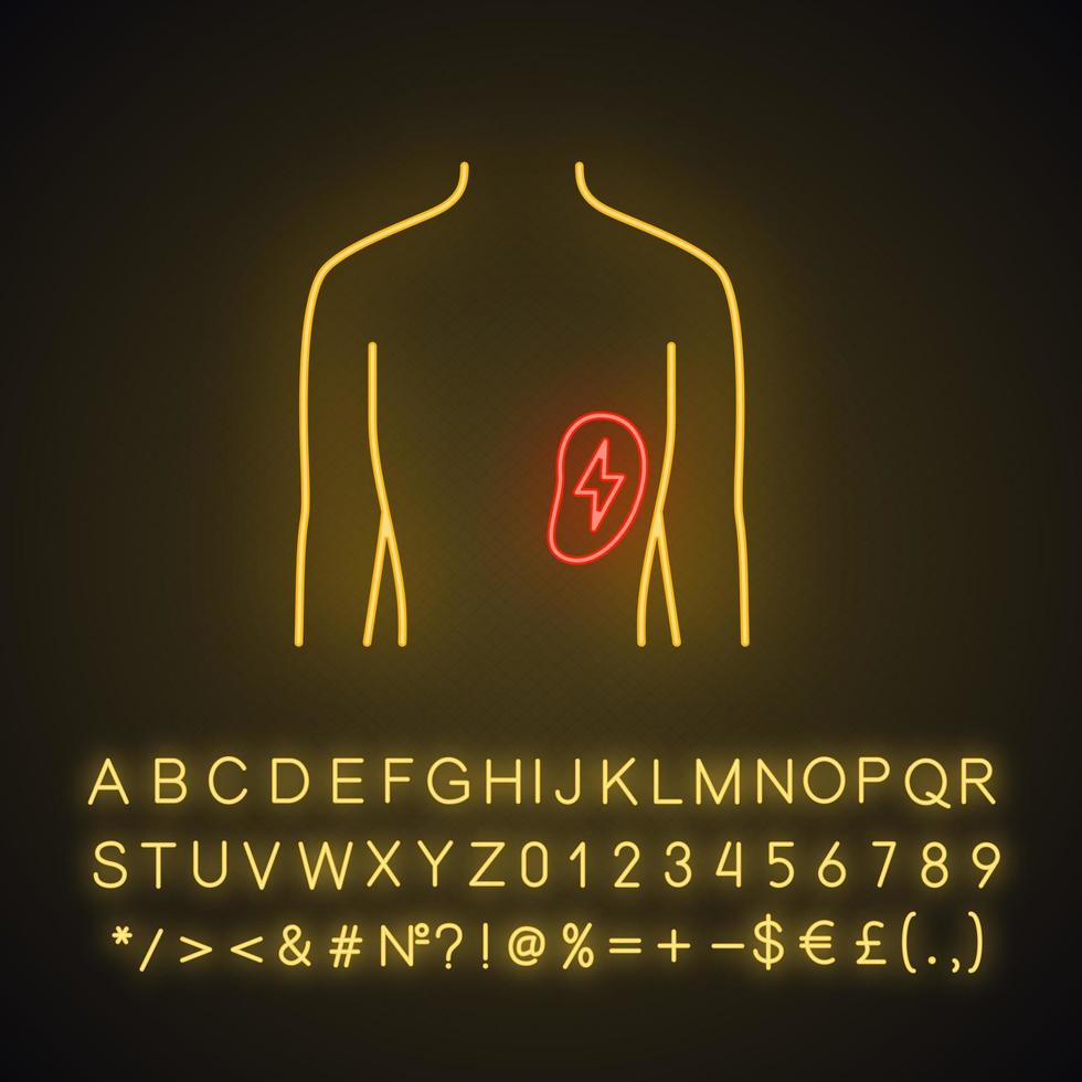 Ill spleen neon light icon. Sore human organ. Unhealthy lymphatic system. Immune system. Glowing sign with alphabet, numbers and symbols. Vector isolated illustration