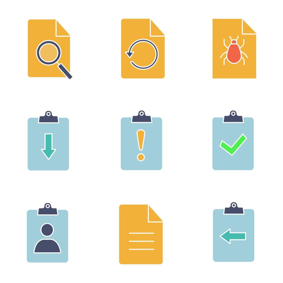 conjunto de iconos de color de glifo ui ux. buscar en la página, restaurar, informe de error, asignación retrasada y devuelta, cv, descripción, portapapeles. símbolos de silueta sin contorno. espacio negativo. ilustraciones vectoriales vector