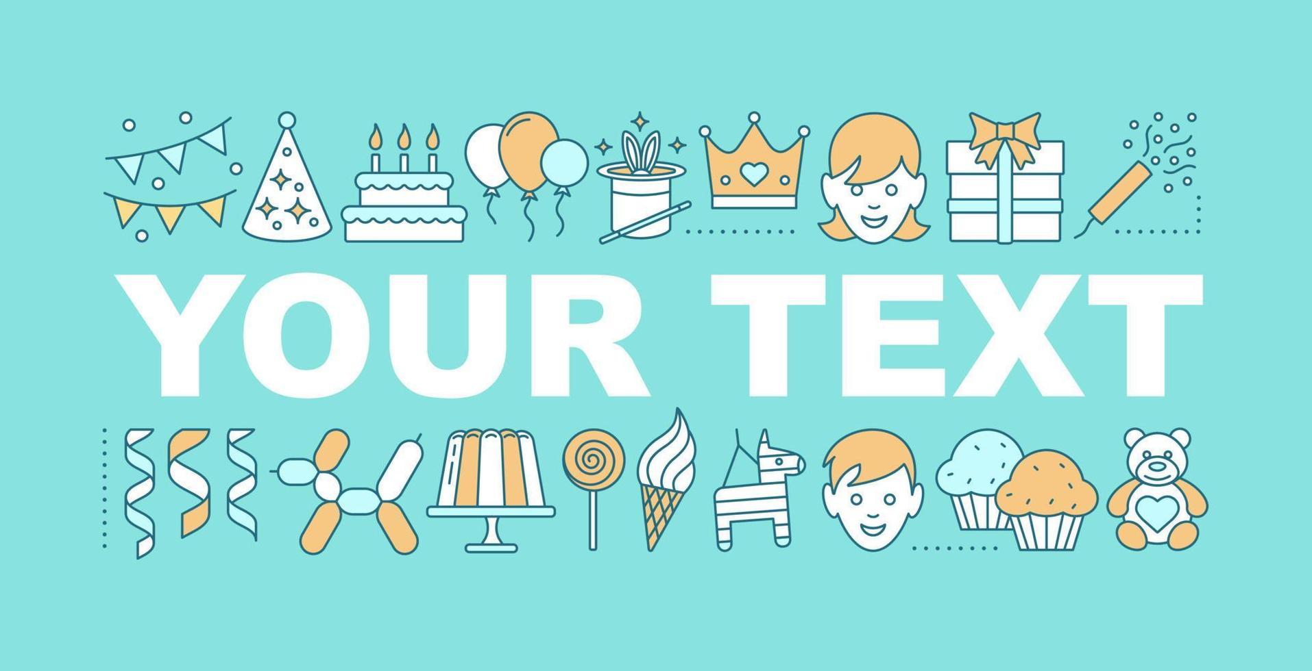Child party word concepts banner. Holiday celebration. Birthday. Party accessories. Isolated lettering typography idea with linear icons. Vector outline illustration
