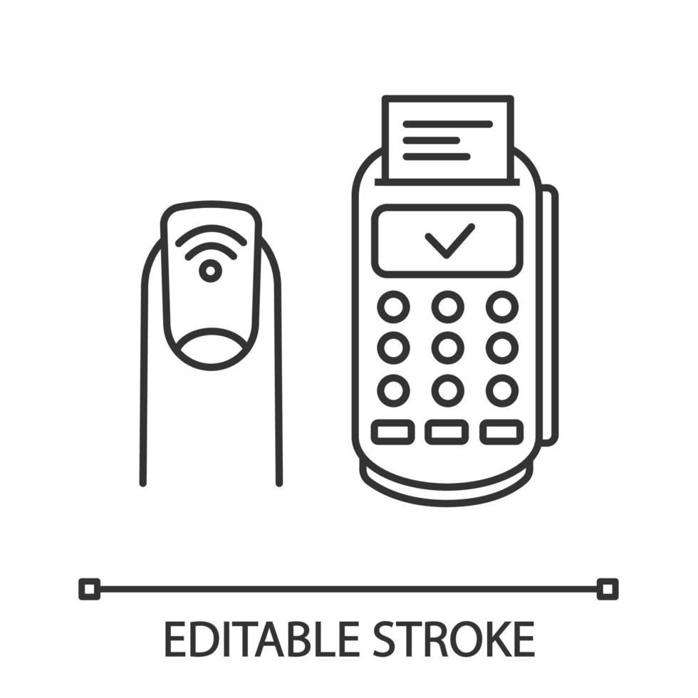 NFC manicure linear icon. Near field fingernail and payment terminal. RFID sticker on nail. Thin line illustration. Nail NFC tag. Contour symbol. Vector isolated outline drawing. Editable stroke