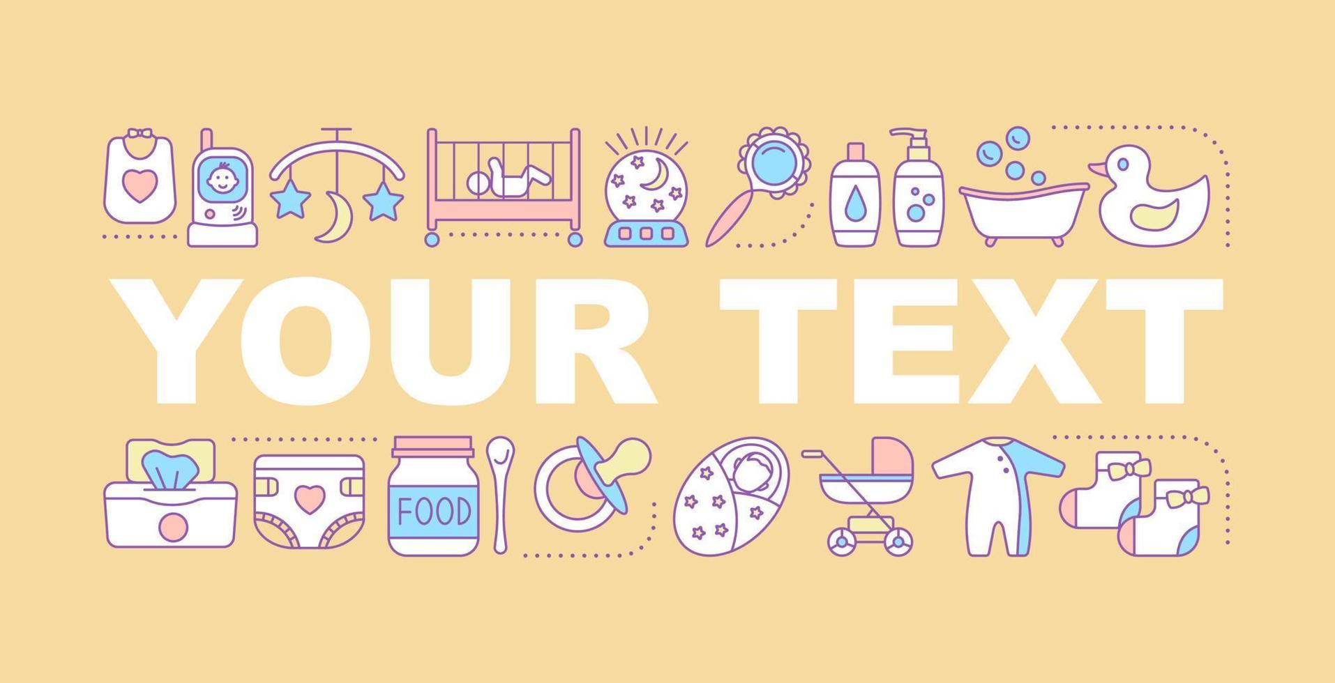 Baby care word concepts banner. Childcare. Equipment, clothes, carriages, toys, nutrition for babies. Isolated lettering typography idea with linear icons. Vector outline illustration