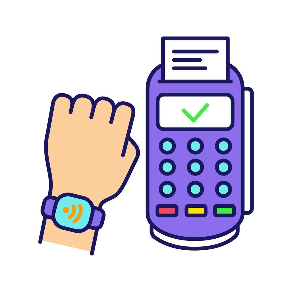 NFC smartwatch color icon. Near field communication payment terminal. Smart wristwatch. Contactless payment with NFC smartwatch. Isolated vector illustration