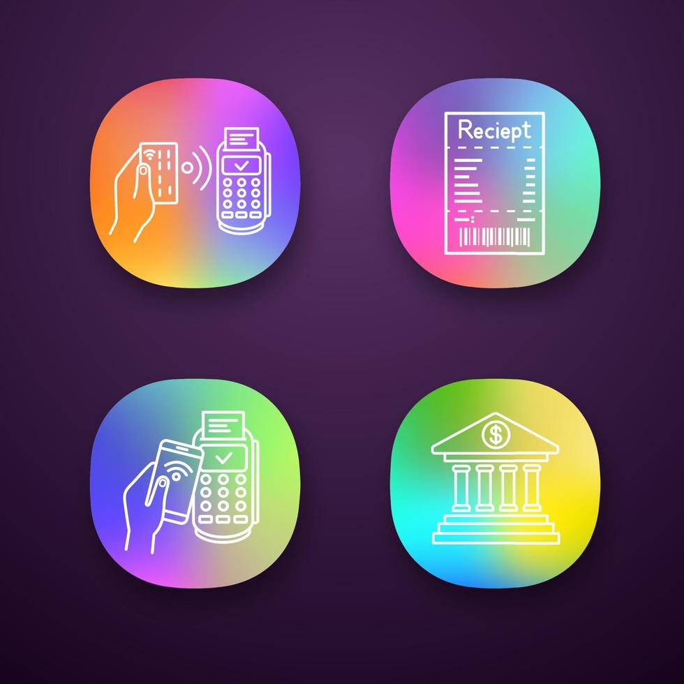 NFC payment app icons set. POS terminal, cash receipt, pay with smartphone, online banking. UI UX user interface. Web or mobile applications. Vector isolated illustrations