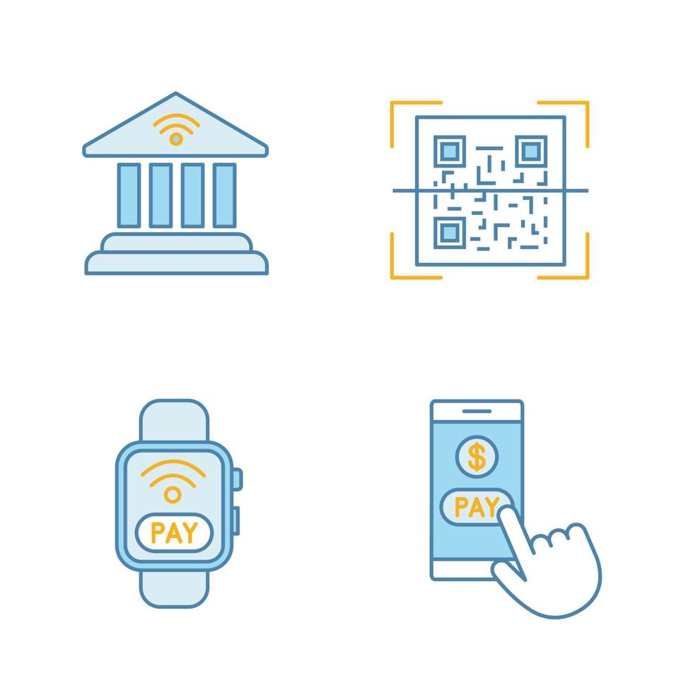 E-payment color icons set. Online banking, QR code scanner, NFC smartwatch, pay with smartphone. Isolated vector illustrations