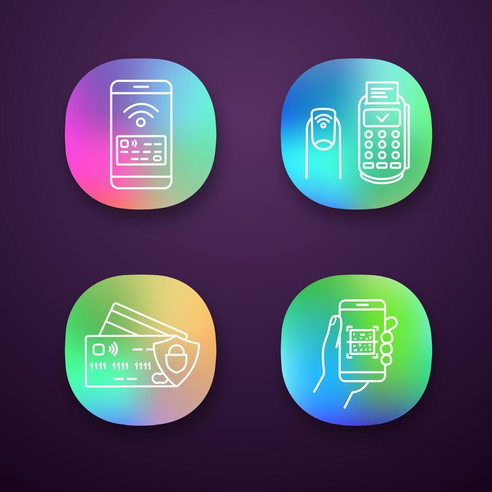NFC payment app icons set. Pay with smartphone, NFC manicure, credit cards, QR code scanner. UI UX user interface. Web or mobile applications. Vector isolated illustrations