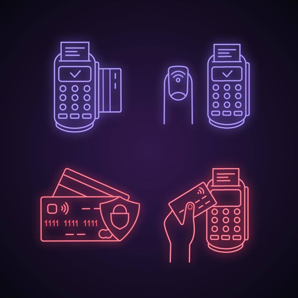 NFC payment neon light icons set. POS terminal, NFC manicure, credit cards. Glowing signs. Vector isolated illustrations