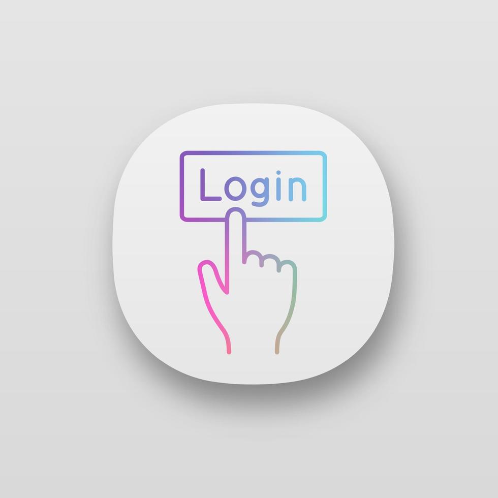 Login button click app icon. UI UX user interface. Authorization. Hand pressing button. Web or mobile application. Vector isolated illustration