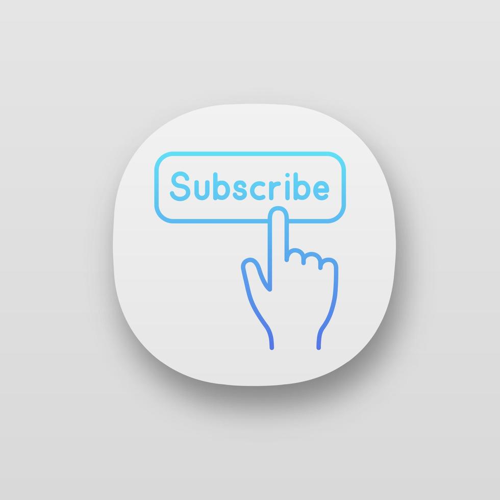 Subscribe button click app icon. UI UX user interface. Subscription. Social media app. Hand pressing button. Web or mobile application. Vector isolated illustration