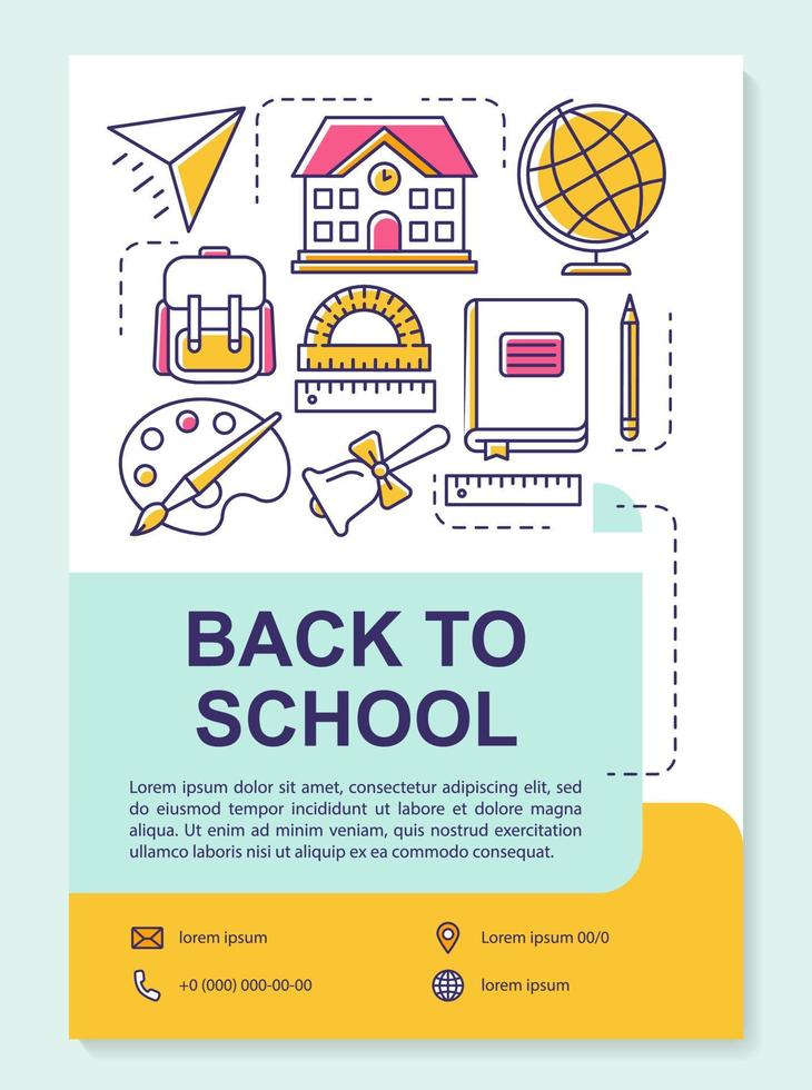 School accessories brochure template layout. Teaching materials. Flyer, booklet, leaflet print design with linear illustrations. Vector page layouts for magazines