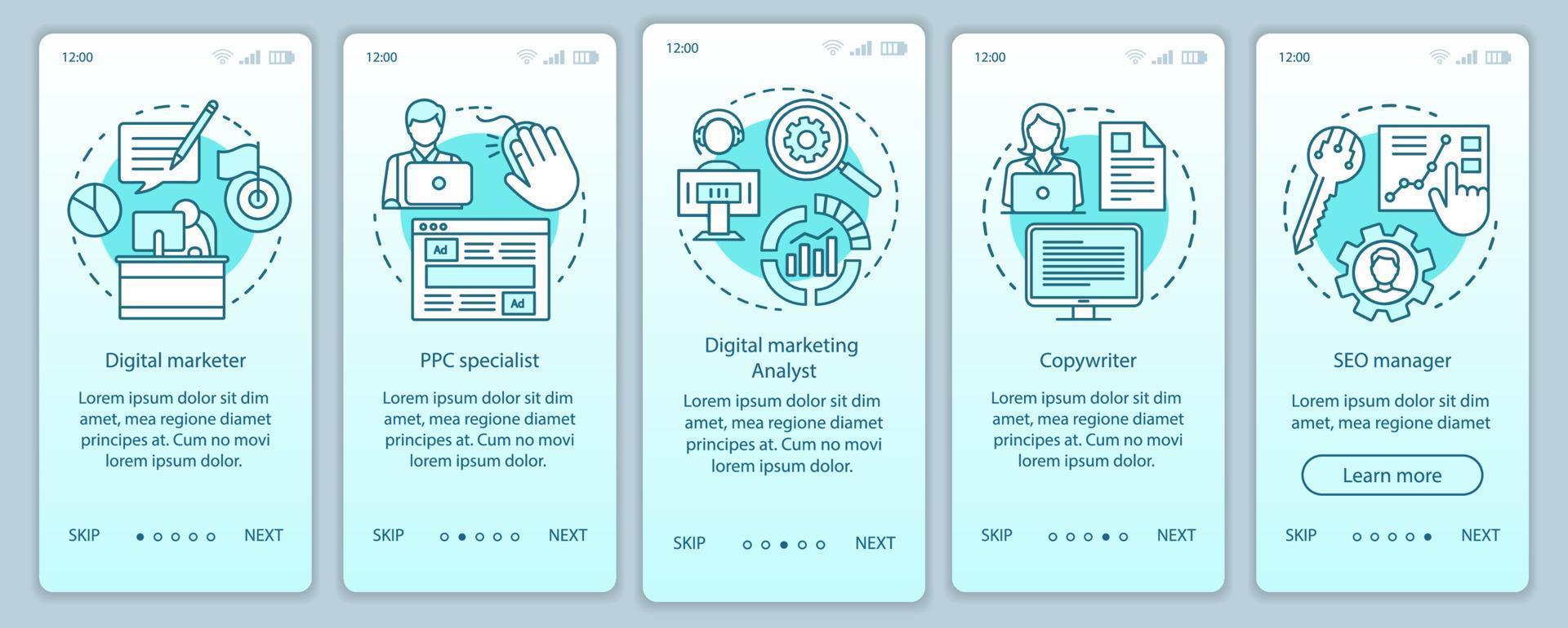 Digital marketing specialties turquoise onboarding mobile app page screen with linear concepts. SEO manager walkthrough steps graphic instructions. UX, UI, GUI vector template with illustrations