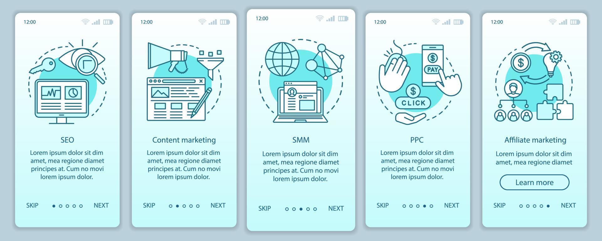 Digital marketing tactics turquoise onboarding mobile app page screen vector template. SEO, SMM, PPC walkthrough website steps with linear illustrations. UX, UI, GUI smartphone interface concept